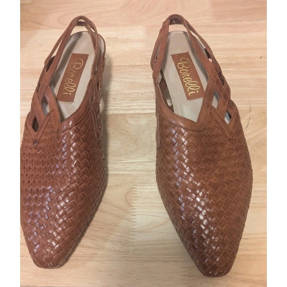 EUC Borelli‎ Women 8M Braided Leather Pointed Toe Sandals Heel 90s Brazil Cognac